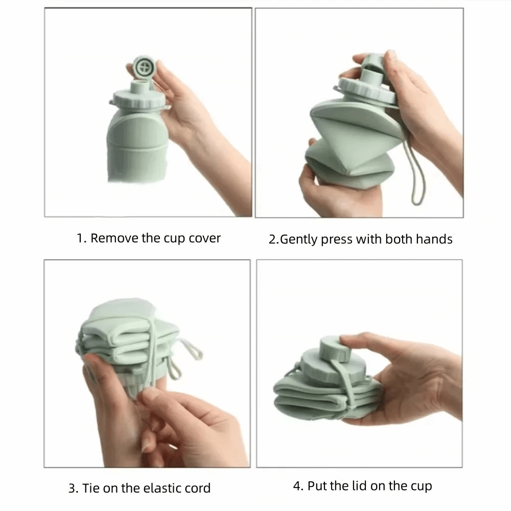 Steps to collapse the 600ml Foldable Silicone Water Bottle for Gym - SF3486: remove lid, press, tie cord, and secure lid.
